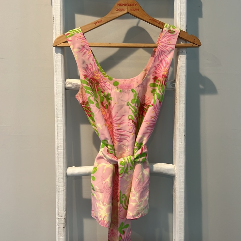 Lilly Pulitzer cedar pink and Green silk belted Patterned Top size 0 - Picture 2 of 13